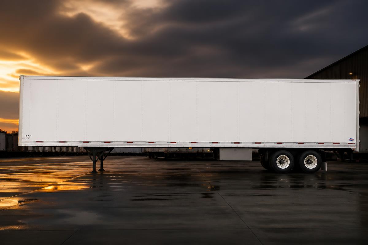 White 53-foot dry van trailer with a blank side panel ready for advertising