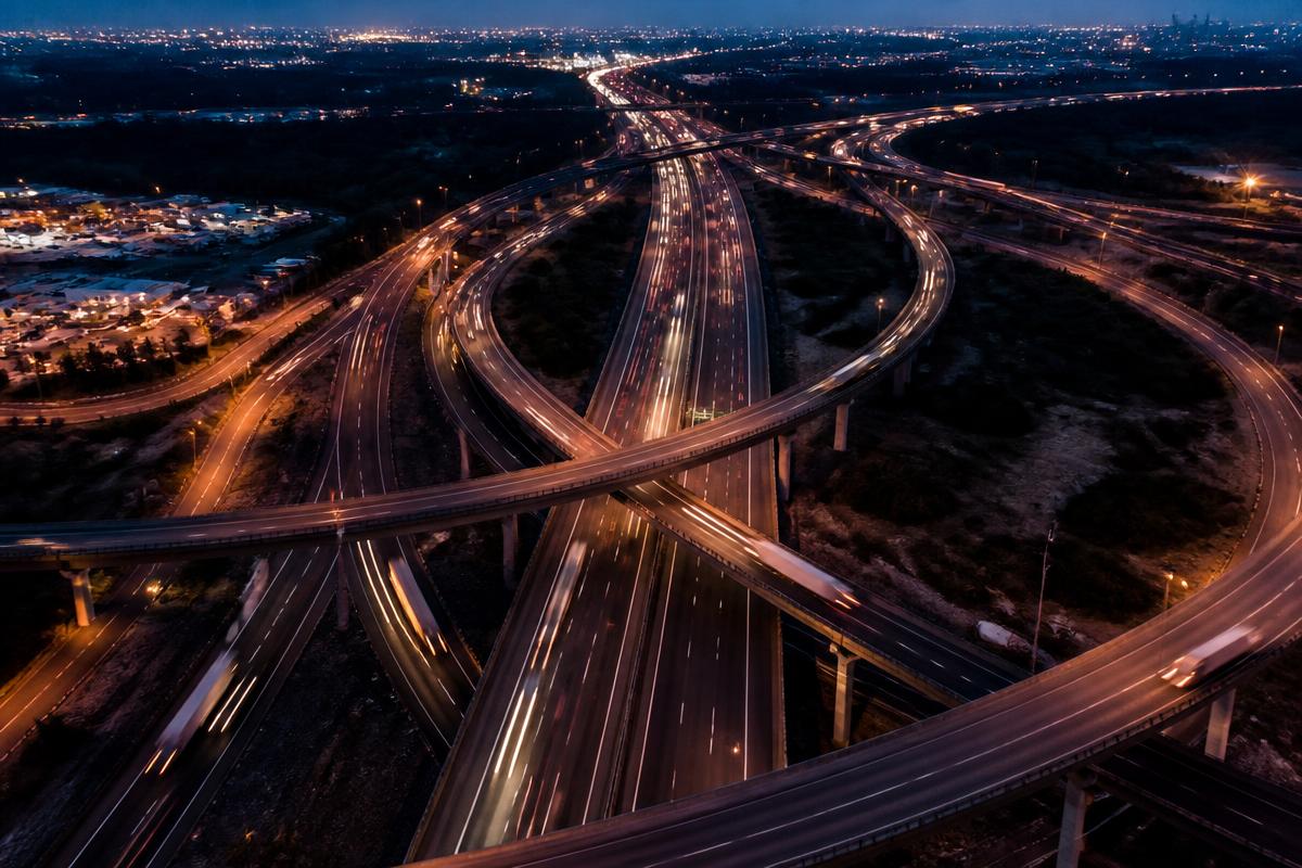 Aerial view of a busy interstate interchange at dusk